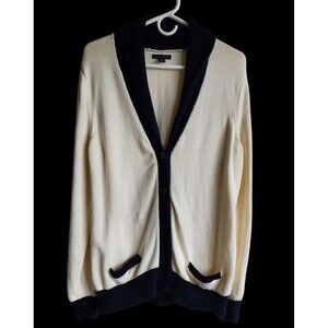 Vintage Tommy Hilfiger Cardigan Sweater XL Cream Navy Shawl Collar Button Front